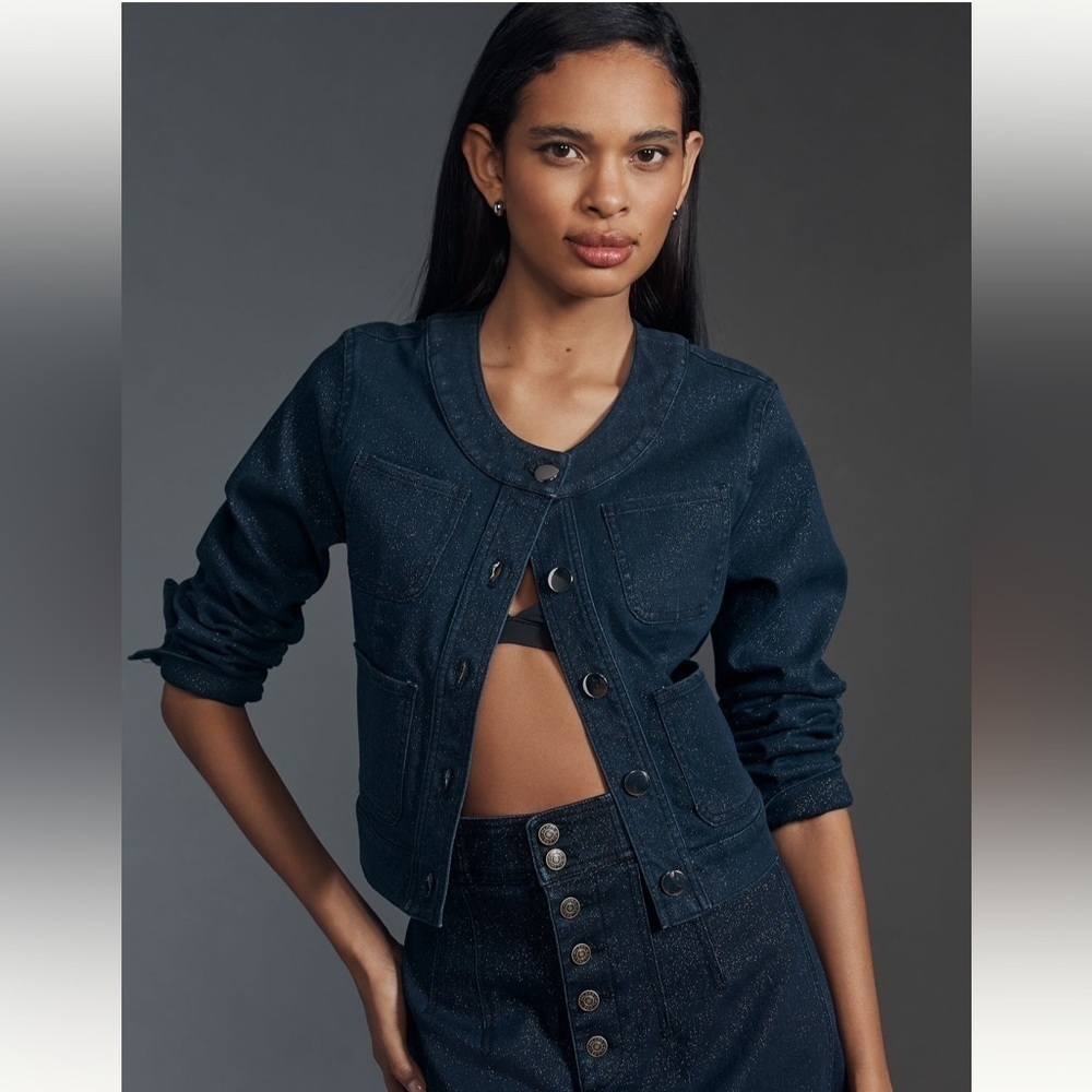 NWT new large Anthropologie Maeve Cora patch pocket denim sparkle jacket jean